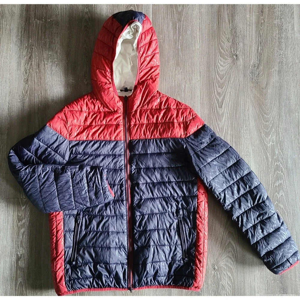 Armani Jeans Reversible Hooded Puffer Jacket Men's XXL EU 56 Red White Full Zip